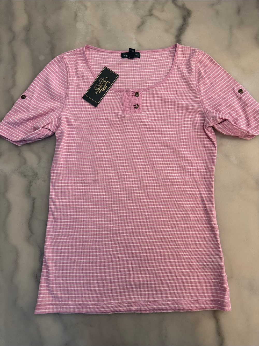 Lauren Ralph Lauren pink and white striped Henley shirt